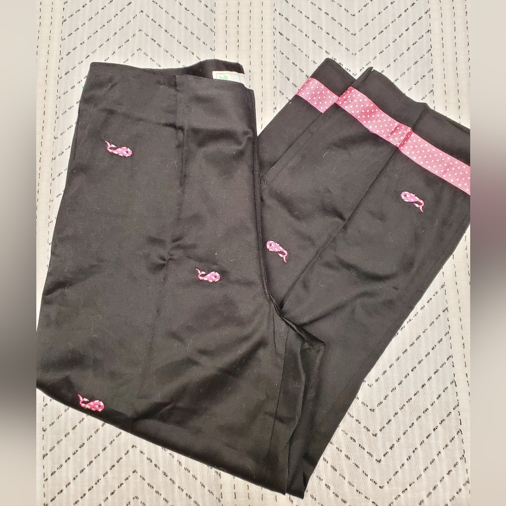 Bamboo Traders Petite 10 Black Embroidered Pink Whale Preppy Coastal Cotton Pant